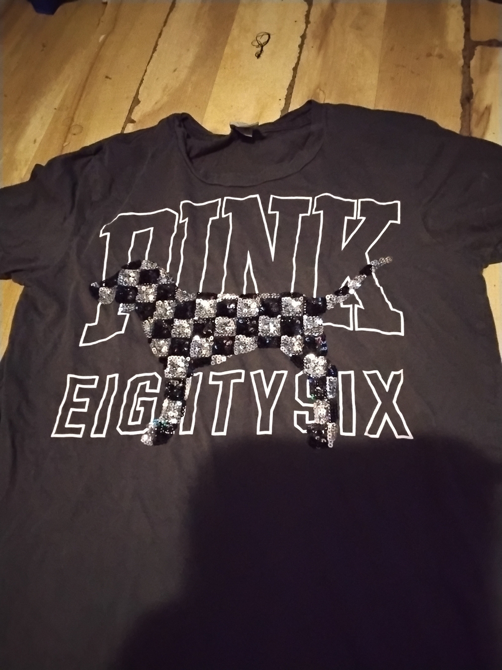 PINK Victoria's Secret Black Short-Sleeve Tee with Sequined Checker Dog